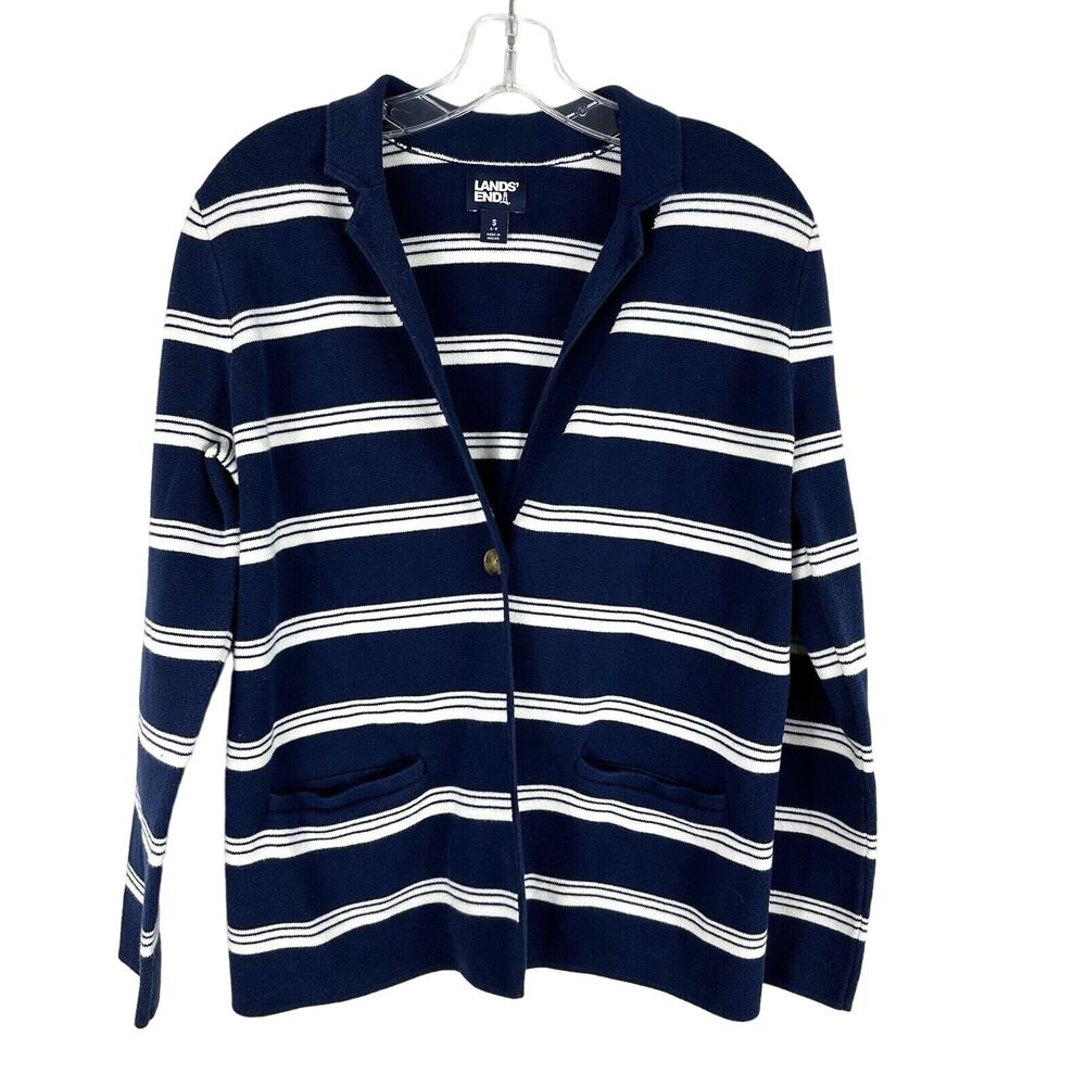 Lands End Cardigan Sweater One Button Closure Small Pockets Blue White Stripes